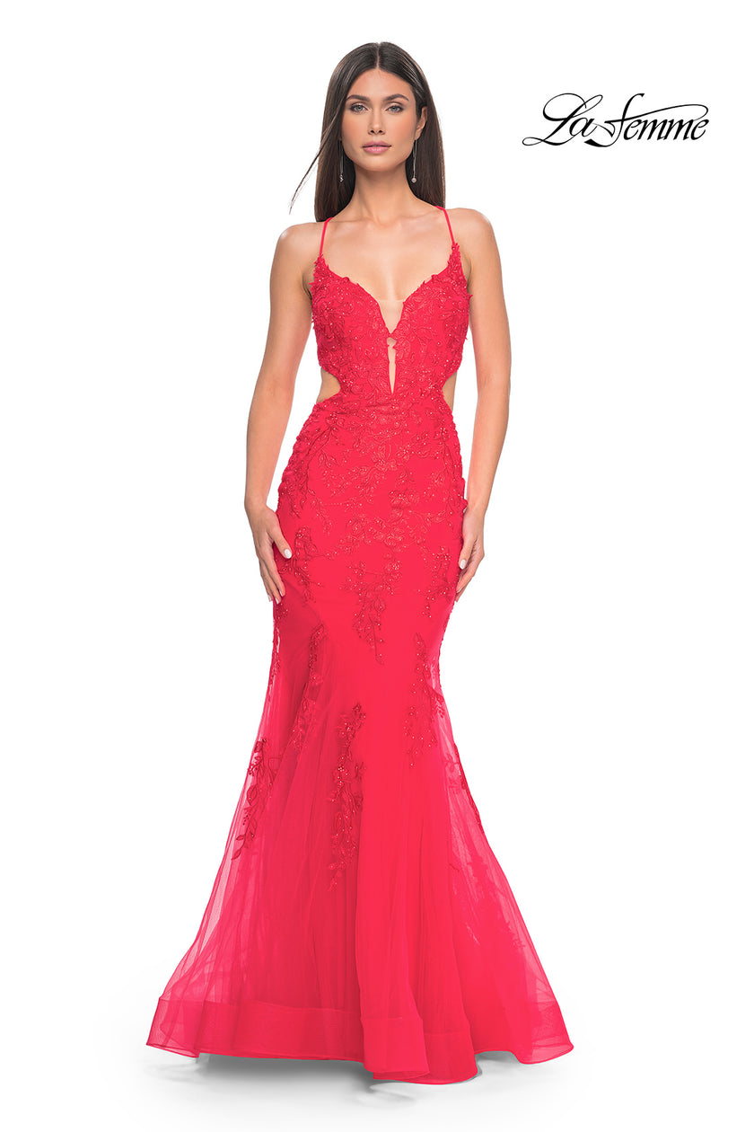 Picture of: Lace and Tulle Mermaid Gown with Side Cut Outs in Hot Coral, Style: 31133, Detail Picture 2