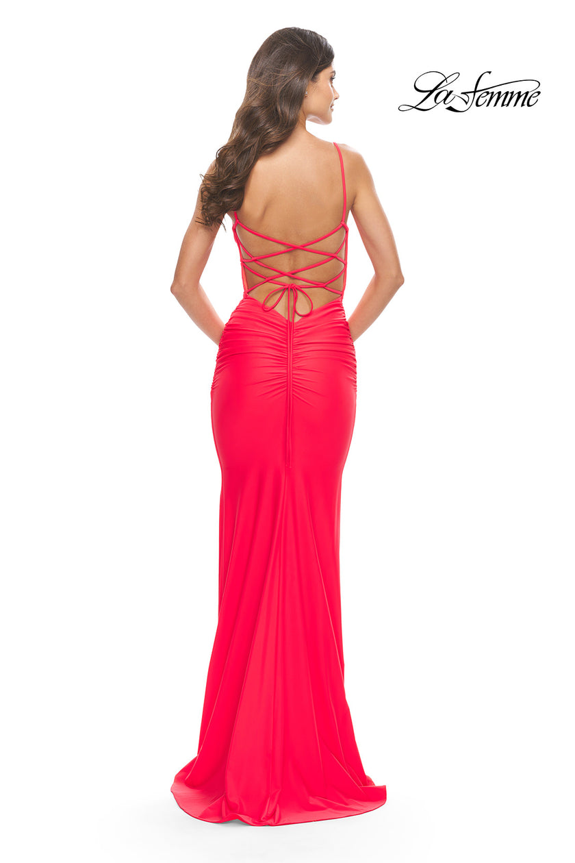 Picture of: Modern Jersey Dress with Twist Band Details in Neon in Hot Coral, Style: 31439, Detail Picture 2