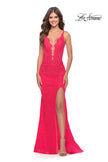 Picture of: Stretch Lace Gown with Slit and Open Keyhole Back in Hot Coral, Style: 29978, Detail Picture 3