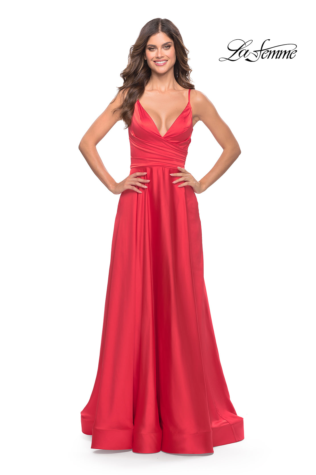 Picture of: A-Line Satin Gown with Ruched Bodice and V Neck in Neon in Hot Coral, Style: 31121, Detail Picture 3