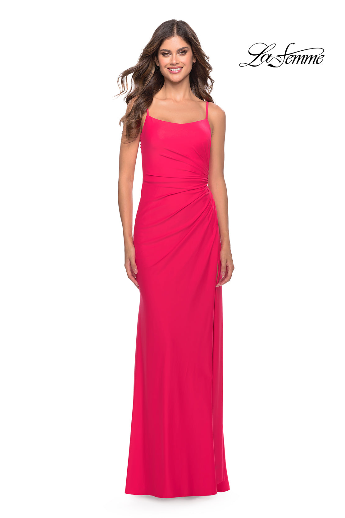 Picture of: Elegant Jersey Dress with Ruching and Square Neckline in Neon in Hot Coral, Style: 31329, Detail Picture 3
