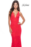 Picture of: Fitted Stretch Lace Prom Dress with Banded Waist in Neon in Hot Coral, Style: 31417, Detail Picture 3