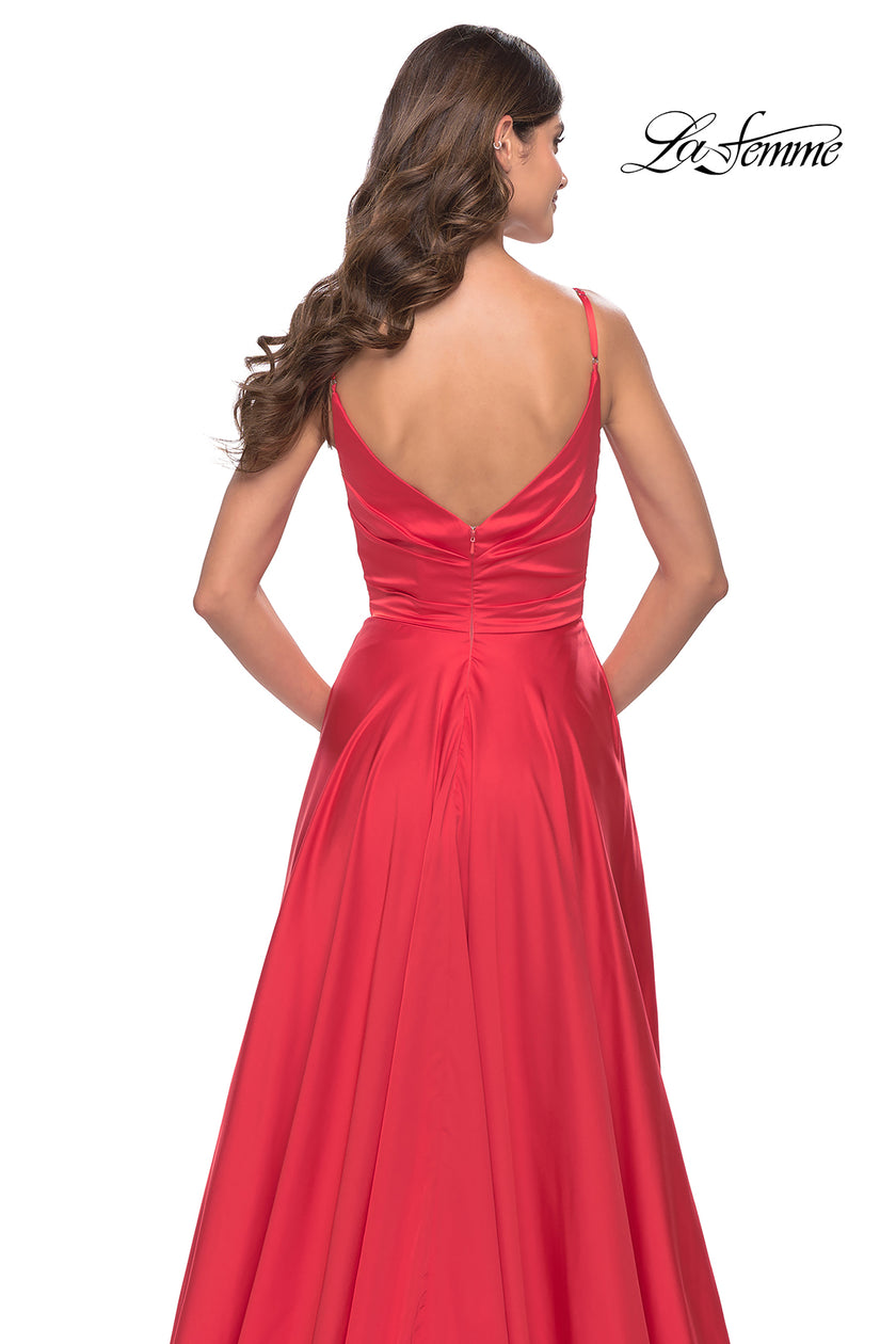 Picture of: A-Line Satin Gown with Ruched Bodice and V Neck in Neon in Hot Coral, Style: 31121, Detail Picture 4