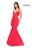 Picture of: Lace and Tulle Mermaid Gown with Side Cut Outs in Hot Coral, Style: 31133, Detail Picture 4