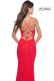 Picture of: Fitted Stretch Lace Prom Dress with Banded Waist in Neon in Hot Coral, Style: 31417, Detail Picture 4