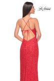 Picture of: Simple Stretch Sequin Gown with High Circle Slit in Bright Colors in Hot Coral, Style: 31432, Detail Picture 4