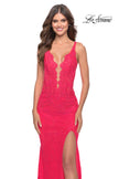 Picture of: Stretch Lace Gown with Slit and Open Keyhole Back in Hot Coral, Style: 29978, Detail Picture 5