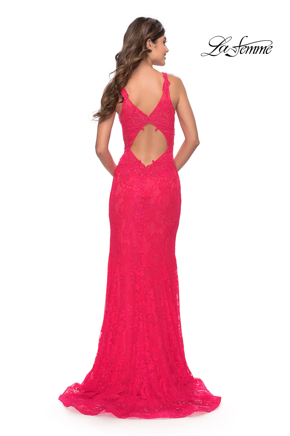 Picture of: Stretch Lace Gown with Slit and Open Keyhole Back in Hot Coral, Style: 29978, Detail Picture 7