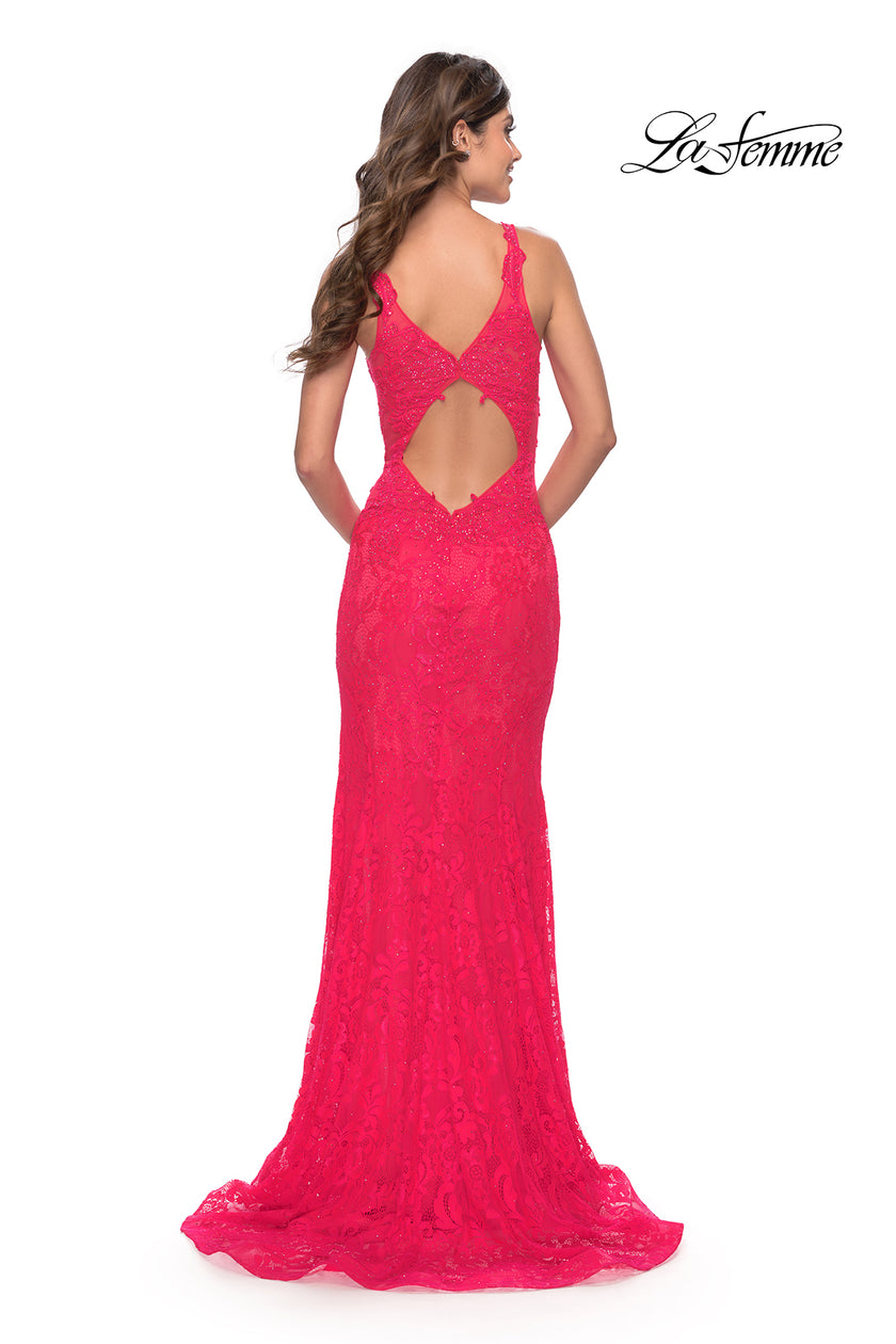 Picture of: Stretch Lace Gown with Slit and Open Keyhole Back in Hot Coral, Style: 29978, Detail Picture 7