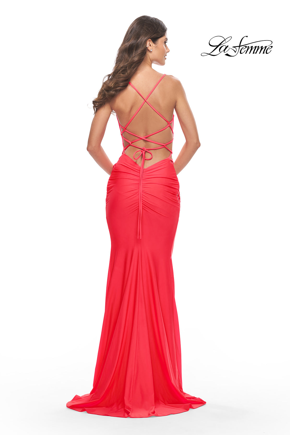 Picture of: Unique Jersey Dress with Open Criss Cross Sides in Neon in Hot Coral, Style: 31438, Detail Picture 7