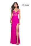 Picture of: Neon Illusion Lace Bodice Prom Dress with Rhinestones in Hot Fuchsia, Style: 32321, Detail Picture 9