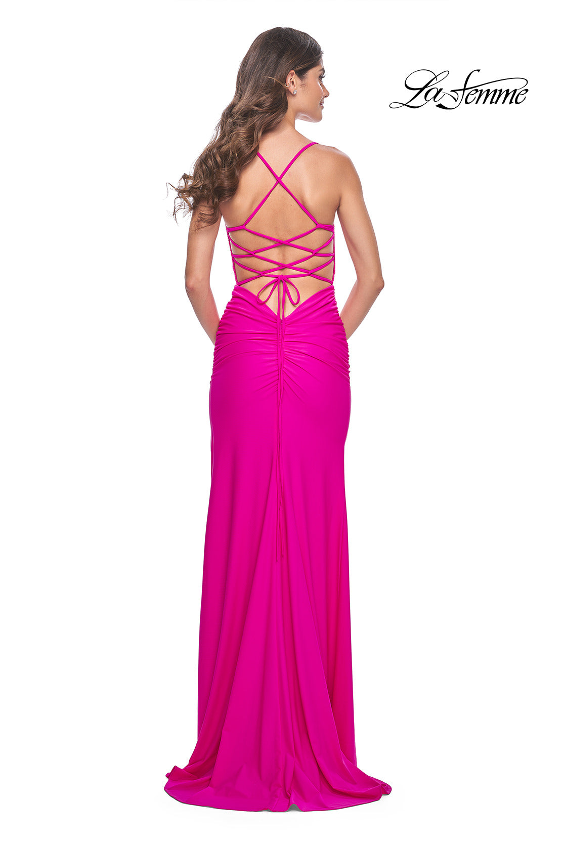 Picture of: Neon Illusion Lace Bodice Prom Dress with Rhinestones in Hot Fuchsia, Style: 32321, Detail Picture 10