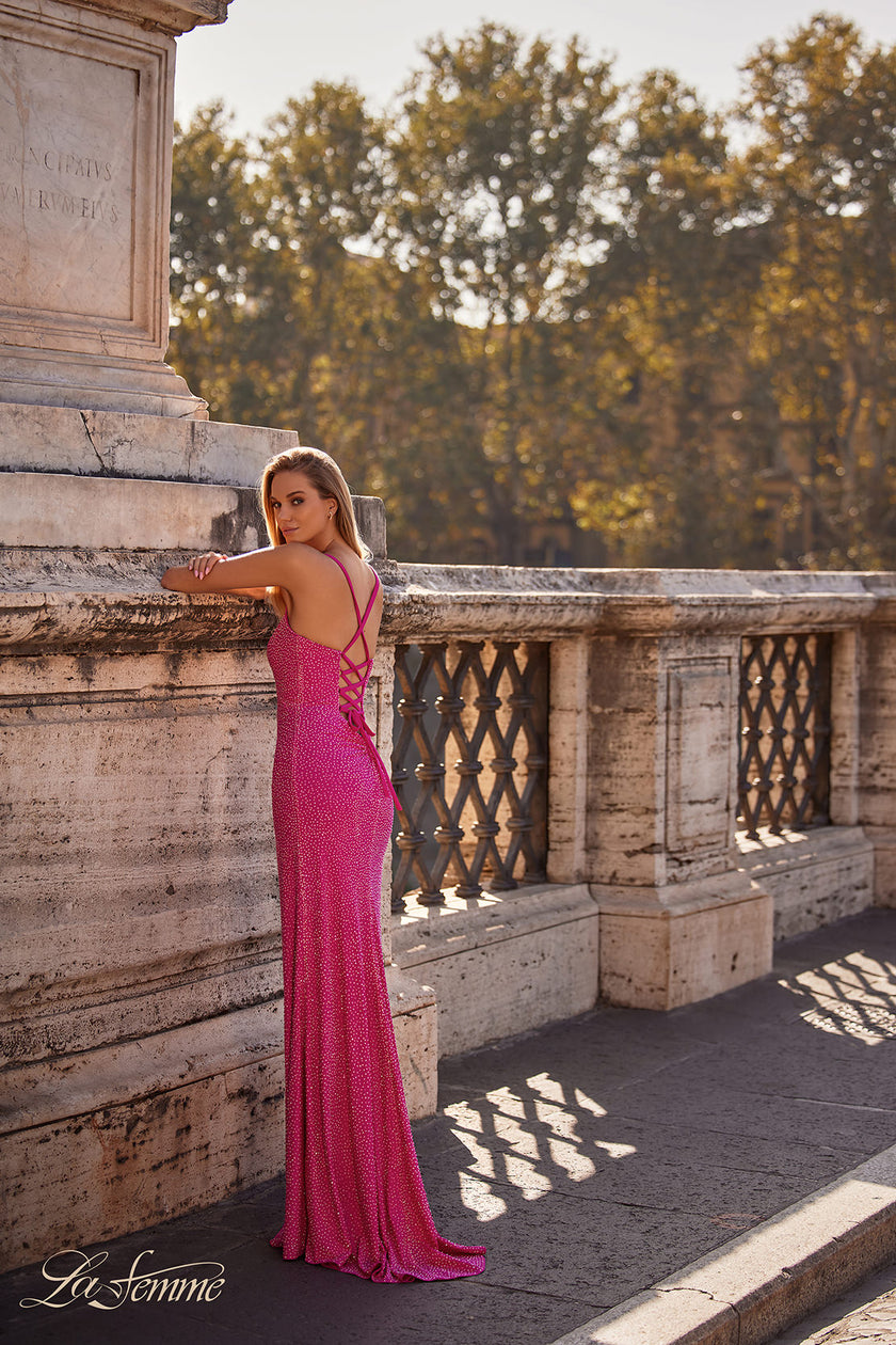 Picture of: Rhinestone Embellished Jersey Gown with Square Neckline in Hot Fuchsia, Style: 32058, Detail Picture 2