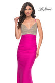 Picture of: Neon Ruched Jersey Dress with Rhinestone Mesh Draped Top in Pink, Style: 32320, Main Picture