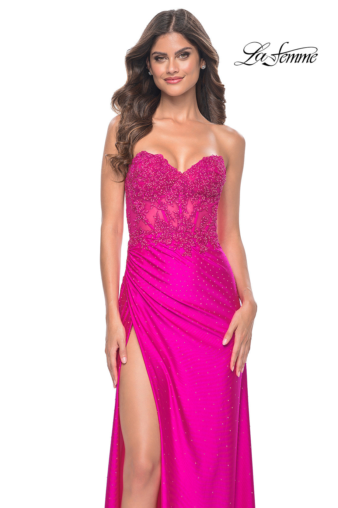 Picture of: Neon Ruched Jersey Skirt with Lace Illusion Top and Rhinestone Prom Dress in Hot Fuchsia, Style: 32329, Main Picture