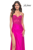 Picture of: Neon Ruched Jersey Skirt with Lace Illusion Top and Rhinestone Prom Dress in Hot Fuchsia, Style: 32329, Main Picture