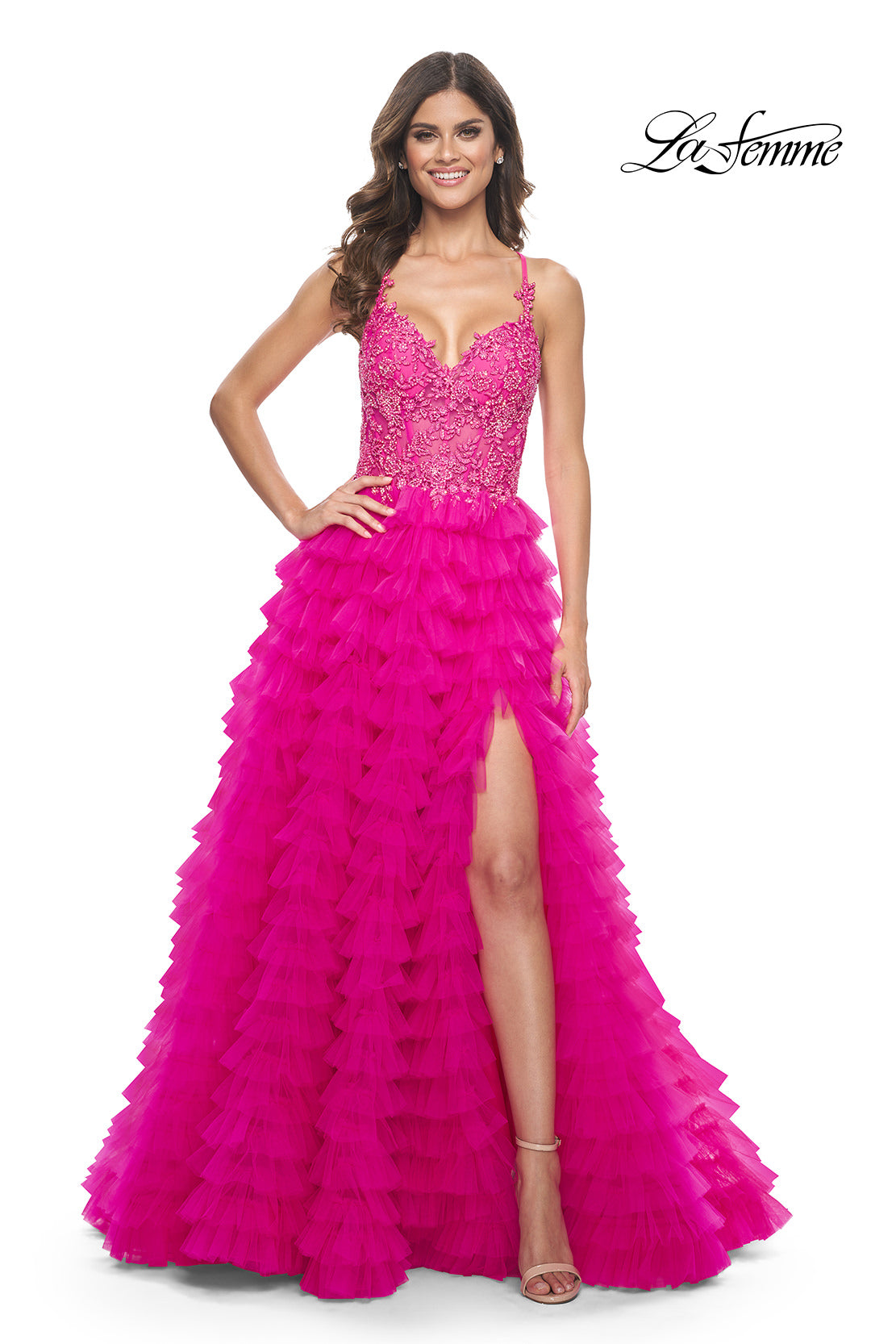 Picture of: Neon Ruffle Tulle Prom Gown with Illusion Lace Bodice and High Slit in Hot Fuchsia, Style: 32334, Main Picture