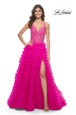Picture of: Neon Ruffle Tulle Prom Gown with Illusion Lace Bodice and High Slit in Hot Fuchsia, Style: 32334, Main Picture