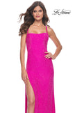 Picture of: Rhinestone Embellished Jersey Gown with Square Neckline in Hot Fuchsia, Style: 32058, Detail Picture 8