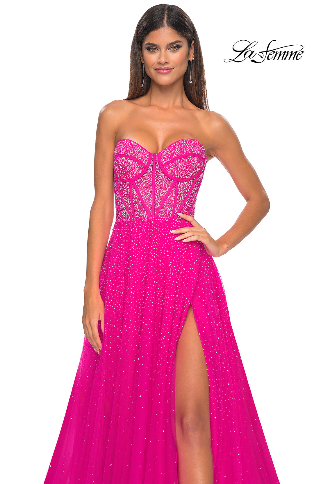 Picture of: Rhinestone Embellished A-line Tulle Gown with Corset Top in Hot Fuchsia, Style: 32278, Detail Picture 8
