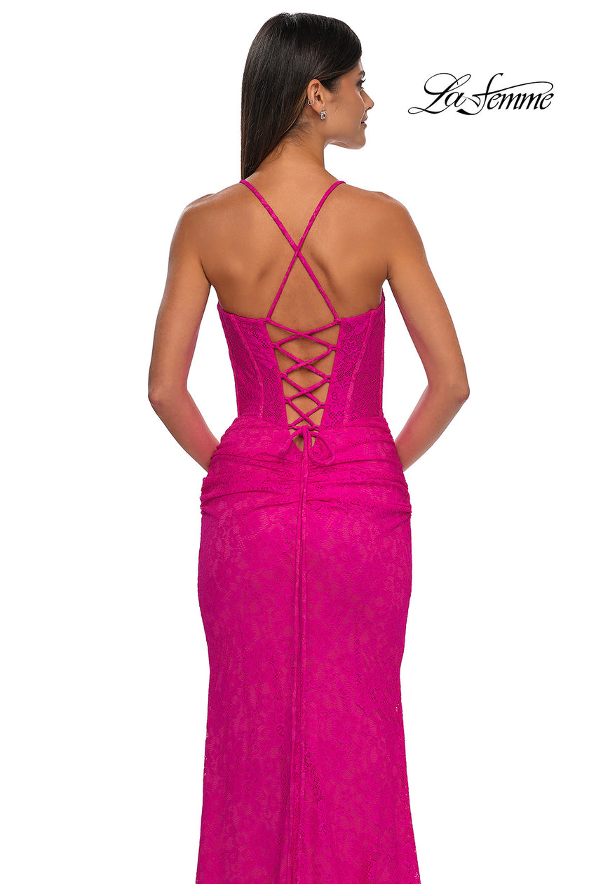 Picture of: Stretch Lace Prom Dress with Scoop Neck and Lace Up Back in Hot Fuchsia, Style: 33036, Detail Picture 8