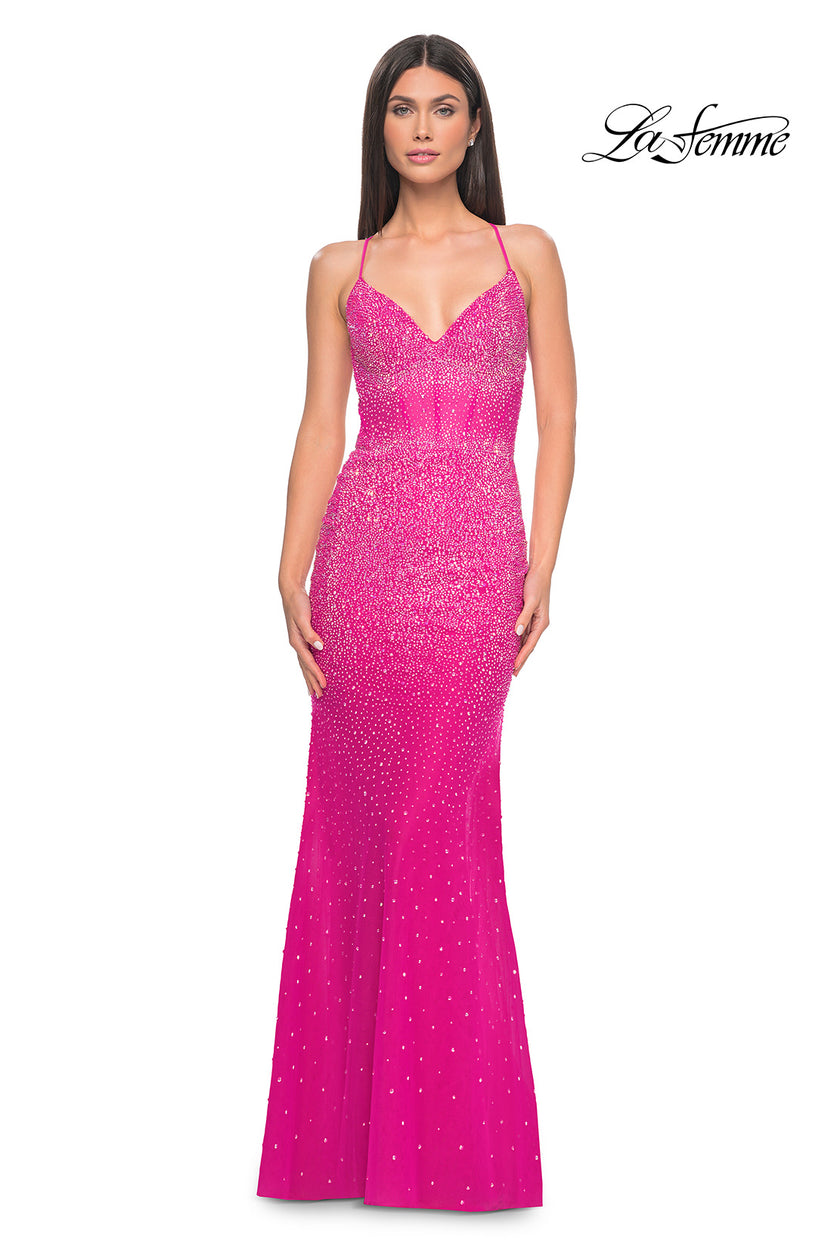 Picture of: Stunning Rhinestone Embellished Fitted Tulle Dress in Hot Fuchsia, Style: 32007, Detail Picture 9