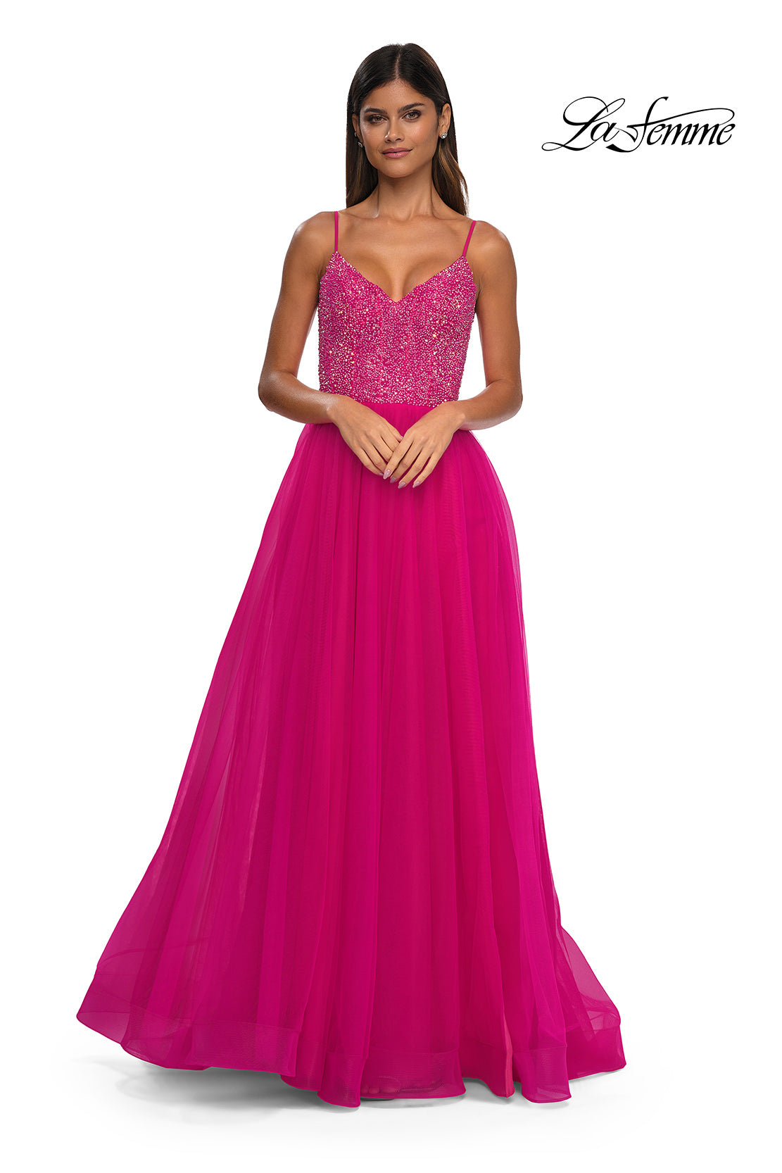 Picture of: Rhinestone Embellished Bodice Prom Dress with Full Skirt in Hot Fuchsia, Style: 32668, Detail Picture 9