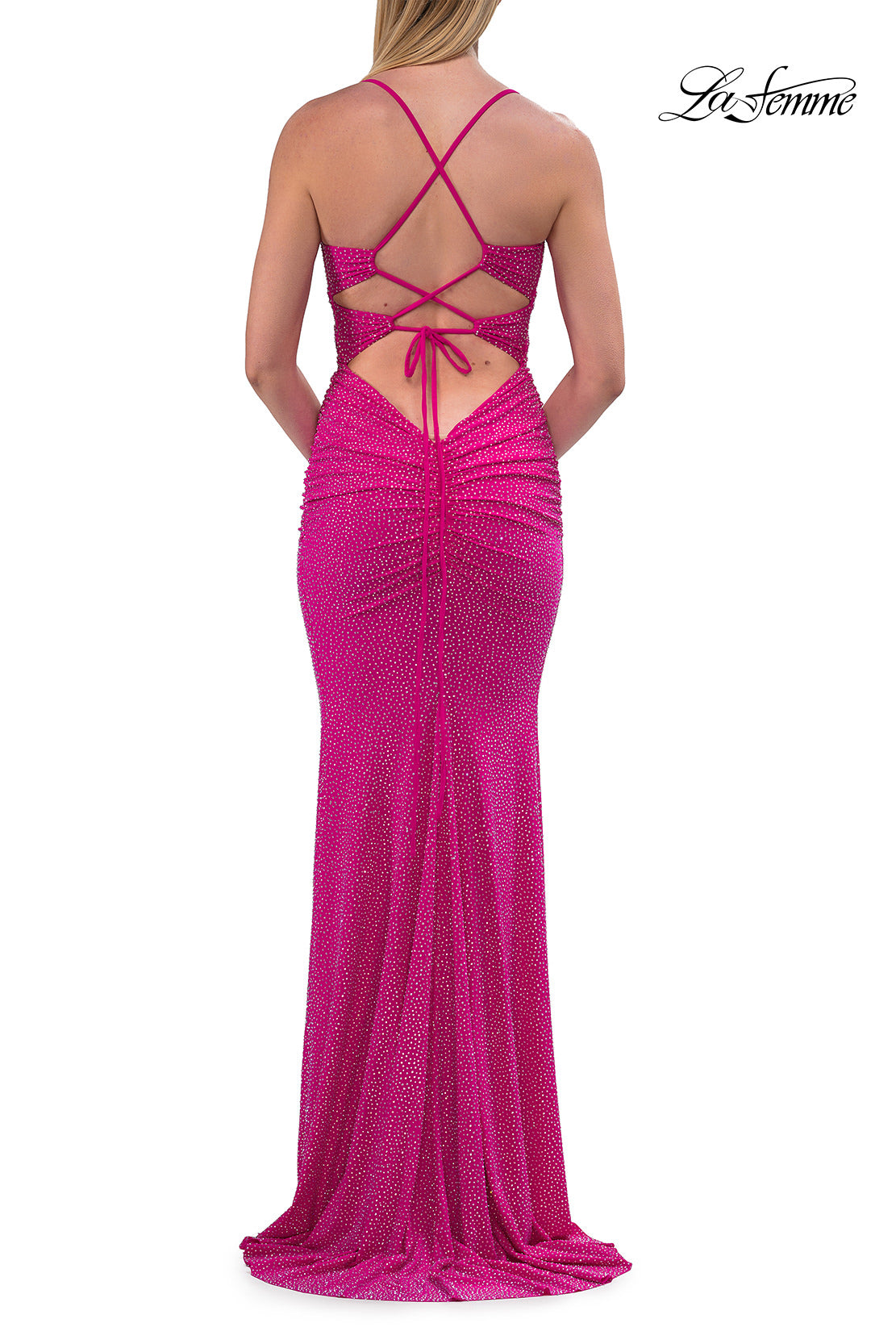 Picture of: Ruched Rhinestone Fitted Gown with Cutout Bodice and Lace-Up Back in Hot Fuchsia, Style: 33338, Detail Picture 10