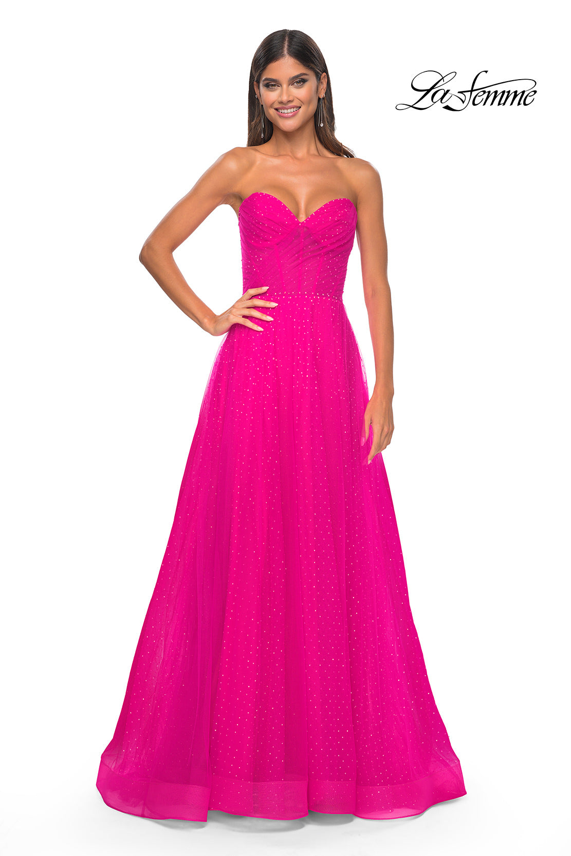 Picture of: Sweetheart Tulle and Rhinestone Prom Dress with Illusion Detail in Hot Fuchsia, Style: 31997, Detail Picture 11