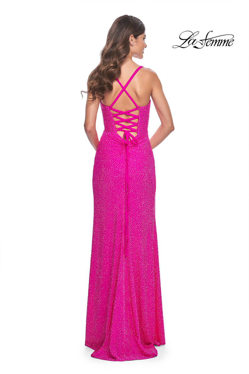 Picture of: Rhinestone Embellished Jersey Gown with Square Neckline in Hot Fuchsia, Style: 32058, Detail Picture 11