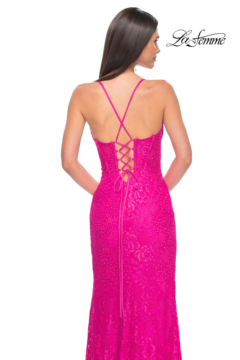 Picture of: Stretch Lace Dress with Bustier Top and Illusion Back in Hot Fuchsia, Style: 32248, Detail Picture 11