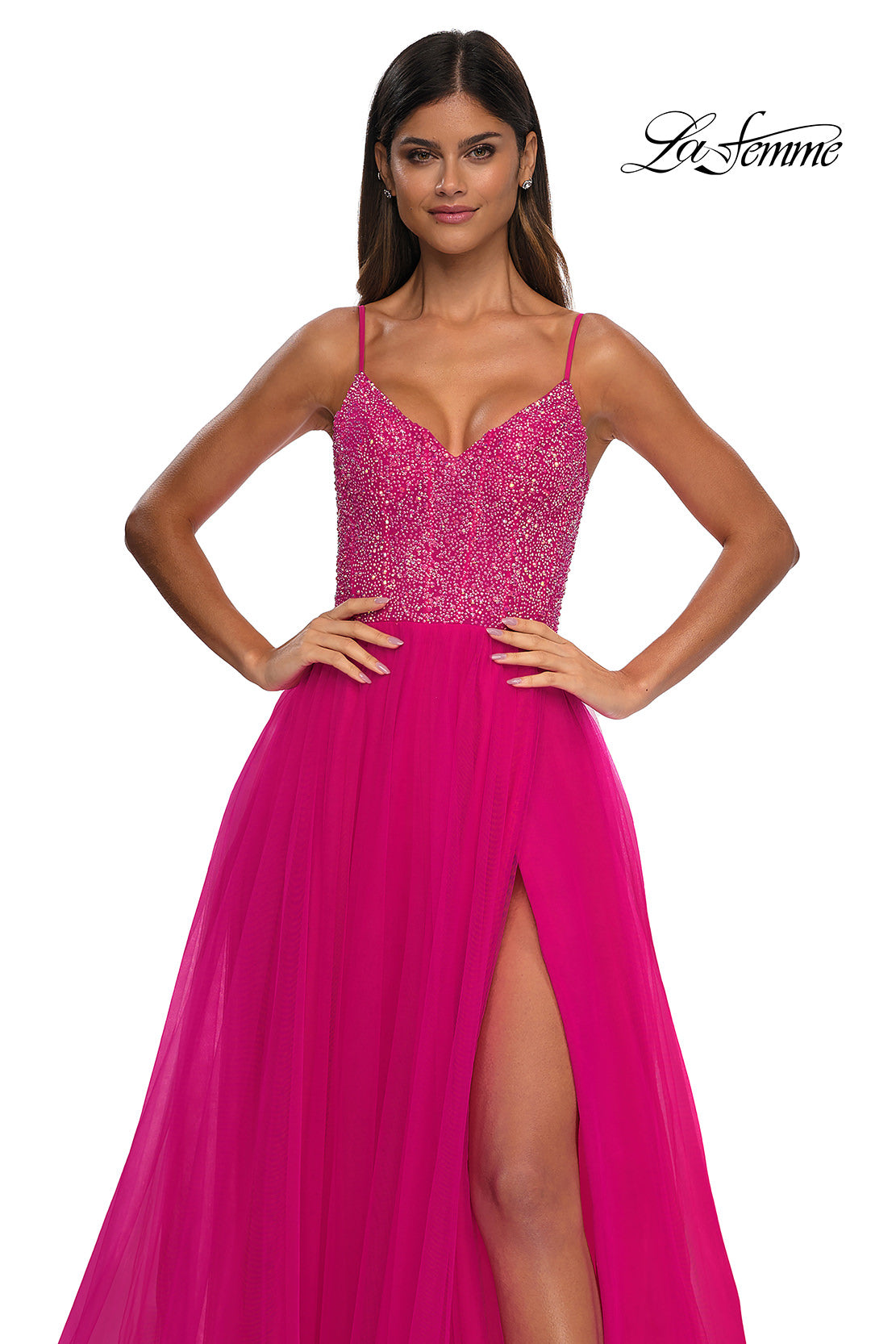 Picture of: Rhinestone Embellished Bodice Prom Dress with Full Skirt in Hot Fuchsia, Style: 32668, Detail Picture 11