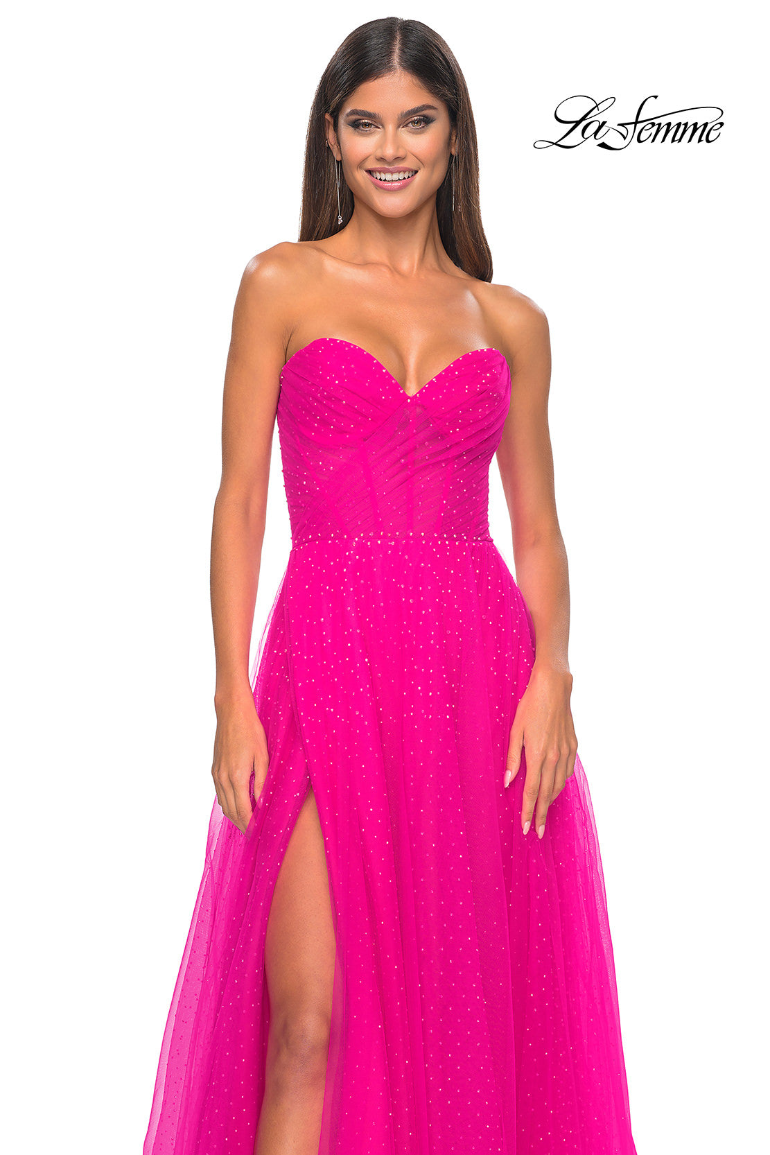 Picture of: Sweetheart Tulle and Rhinestone Prom Dress with Illusion Detail in Hot Fuchsia, Style: 31997, Detail Picture 13