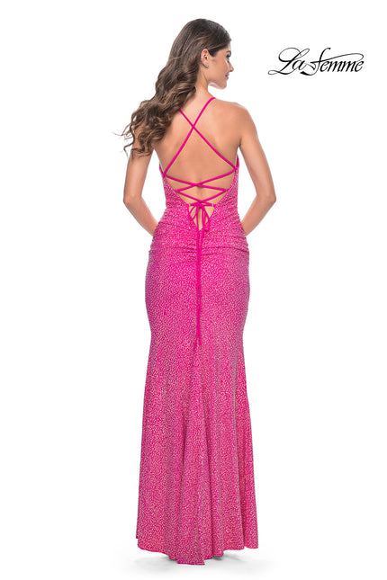 Picture of: Neon Rhinestone Embellished Ruched Prom Dress with Draped Neckline in Hot Fuchsia, Style: 31968, Back Picture