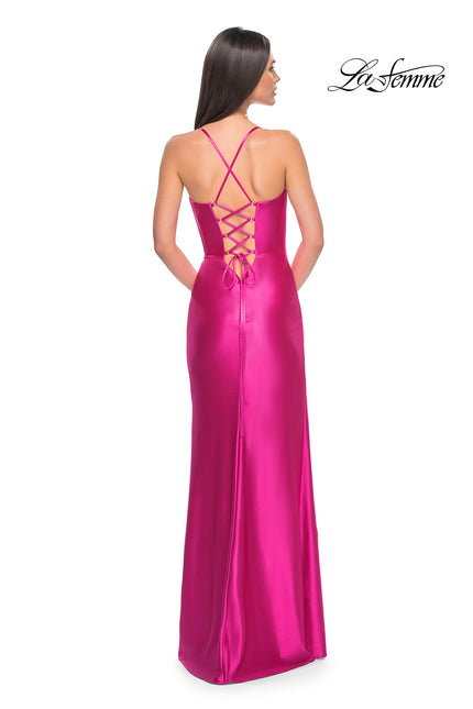Picture of: Neon Stretch Satin Gown with Bustier Top and Lace Up Back in Hot Fuchsia, Style: 32262, Back Picture