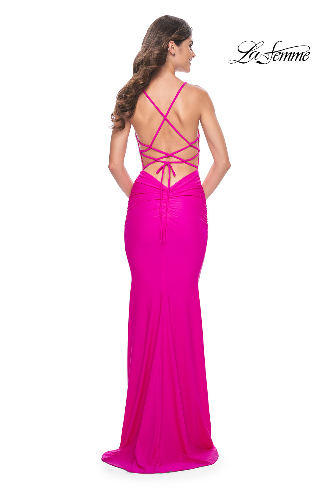 Picture of: Neon Gorgeous Rhinestone Bodice with Ruched Jersey Skirt Prom Dress in Hot Fuchsia, Style: 32325, Back Picture