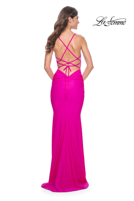 Picture of: Neon Gorgeous Rhinestone Bodice with Ruched Jersey Skirt Prom Dress in Hot Fuchsia, Style: 32325, Back Picture