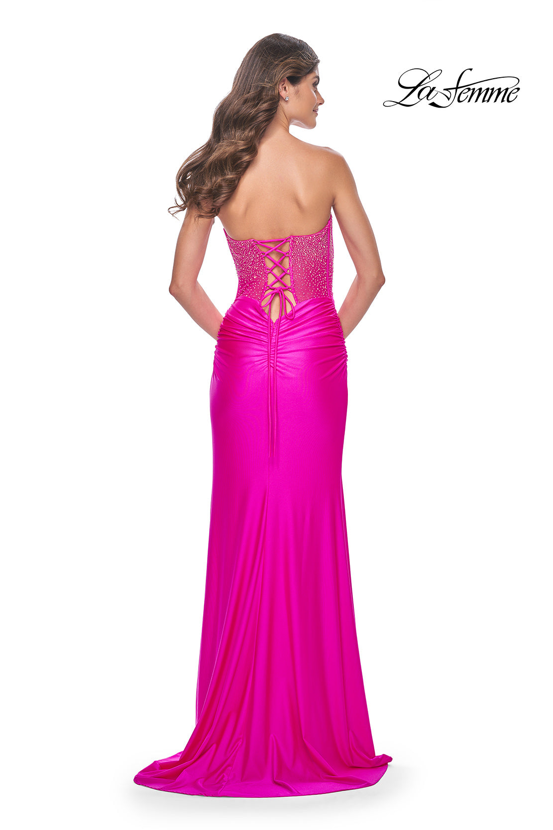 Picture of: Neon Rhinestone Bustier Prom Dress with Ruching in Hot Fuchsia, Style: 32326, Back Picture