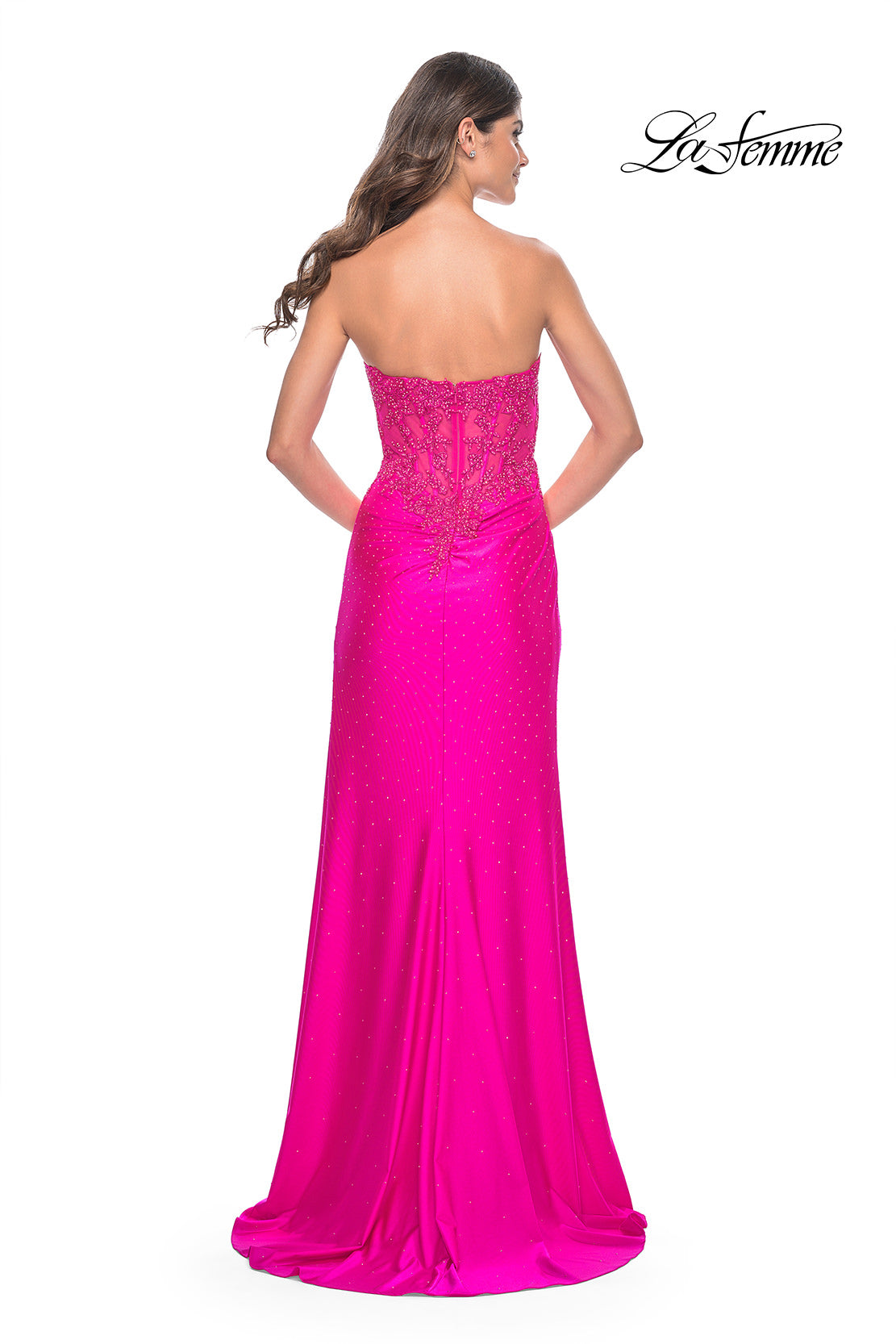 Picture of: Neon Ruched Jersey Skirt with Lace Illusion Top and Rhinestone Prom Dress in Hot Fuchsia, Style: 32329, Back Picture