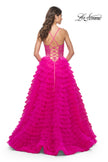Picture of: Neon Ruffle Tulle Prom Gown with Illusion Lace Bodice and High Slit in Hot Fuchsia, Style: 32334, Back Picture