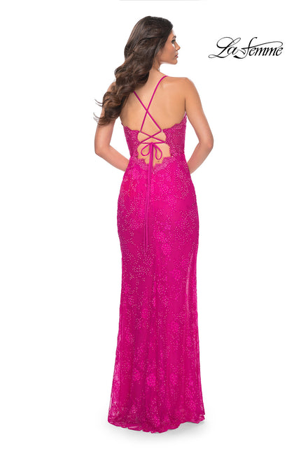 Picture of: Scallop Detail Lace Fitted Prom Dress with Illusion Bodice in Pink, Style: 32441, Back Picture