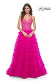 Picture of: Neon Ruffle Tulle Prom Gown with Illusion Lace Bodice and High Slit in Hot Fuchsia, Style: 32334, Detail Picture 1