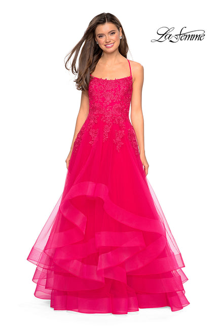 Picture of: Layered Tulle Dress with Lace Detail and Strappy Back in Hot Fuchsia, Style: 27694, Detail Picture 2