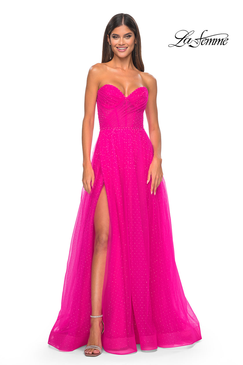 Picture of: Sweetheart Tulle and Rhinestone Prom Dress with Illusion Detail in Hot Fuchsia, Style: 31997, Detail Picture 2