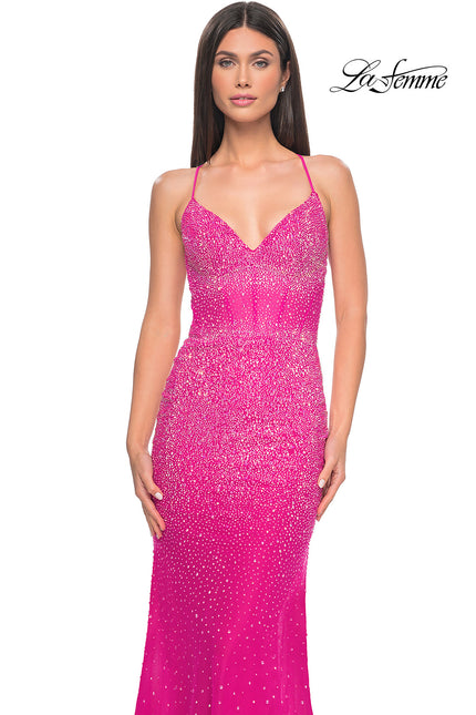Picture of: Stunning Rhinestone Embellished Fitted Tulle Dress in Hot Fuchsia, Style: 32007, Detail Picture 2