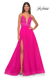 Picture of: Illusion Lace Bodice A-Line Tulle Prom Dress with Slit in Hot Fuchsia, Style: 32059, Detail Picture 2