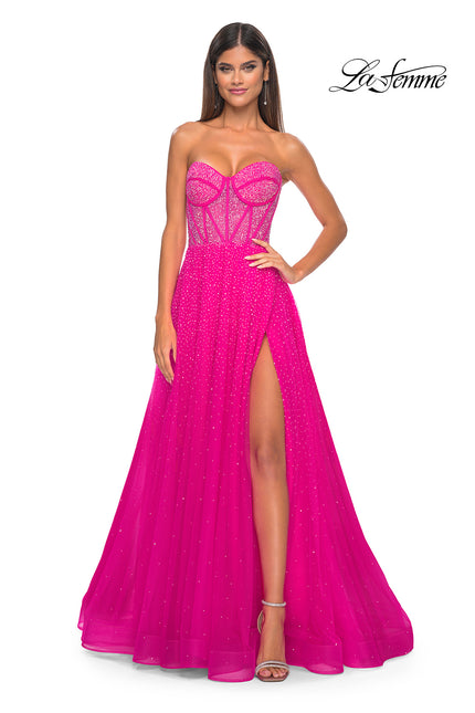 Picture of: Rhinestone Embellished A-line Tulle Gown with Corset Top in Hot Fuchsia, Style: 32278, Detail Picture 2