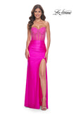 Picture of: Neon Rhinestone Bustier Prom Dress with Ruching in Hot Fuchsia, Style: 32326, Detail Picture 2