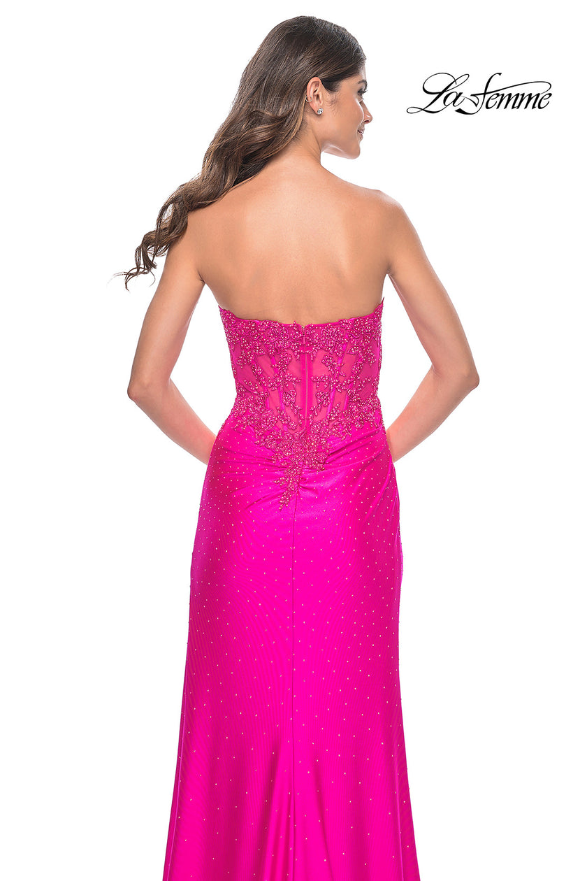 Picture of: Neon Ruched Jersey Skirt with Lace Illusion Top and Rhinestone Prom Dress in Hot Fuchsia, Style: 32329, Detail Picture 2