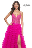 Picture of: Neon Ruffle Tulle Prom Gown with Illusion Lace Bodice and High Slit in Hot Fuchsia, Style: 32334, Detail Picture 2
